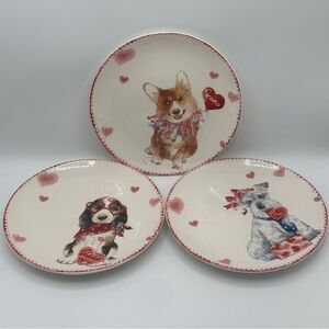 Pier 1 Imports Dog Valentine Salad Plates Set Of 3 Corgi Terrier Beagle